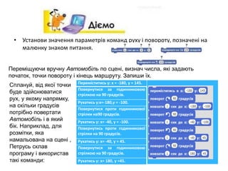 • Установи значення параметрів команд руху і повороту, позначені на
малюнку знаком питання.
Переміщуючи вручну Автомобіль по сцені, визнач числа, які задають
початок, точки повороту і кінець маршруту. Запиши їх.
Переміститись у: х = -180, у = 145.
Повернутися за годинниковою
стрілкою на 90 градусів.
Рухатись у:х=-180,у = -100.
Повернутися проти годинникової
стрілки на90 градусів.
Рухатись у: х= -40, у = -100.
Повернутись проти годинникової
стрілки на 90 градусів.
Рухатись у: х= -40, у = 45.
Повернутися за годинниковою
стрілкою на 90 градусів.
Рухатись у: х= 180, у =45.
Сплануй, від якої точки
буде здійснюватися
рух, у якому напрямку,
на скільки градусів
потрібно повертати
Автомобіль і в який
бік. Наприклад, для
розмітки, яка
намальована на сцені ,
Петрусь склав
програму і використав
такі команди:
 