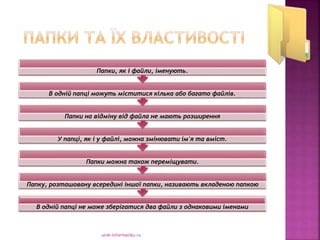 urok-informatiku.ru
В одній папці не може зберігатися два файли з однаковими іменами
Папку, розташовану всередині іншої папки, називають вкладеною папкою
Папки можна також переміщувати.
У папці, як і у файлі, можна змінювати ім'я та вміст.
Папки на відміну від файла не мають розширення
В одній папці можуть міститися кілька або багато файлів.
Папки, як і файли, іменують.
 
