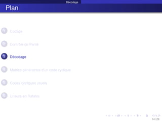 Décodage
Plan
1 Codage
2 Contrôle de Parité
3 Décodage
4 Matrice génératrice d’un code cyclique
5 Codes cycliques usuels
6 Erreurs en Rafales
14 / 29
 