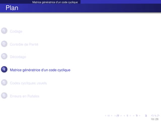 Matrice génératrice d’un code cyclique
Plan
1 Codage
2 Contrôle de Parité
3 Décodage
4 Matrice génératrice d’un code cyclique
5 Codes cycliques usuels
6 Erreurs en Rafales
18 / 29
 