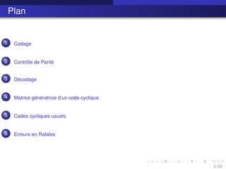 Plan
1 Codage
2 Contrôle de Parité
3 Décodage
4 Matrice génératrice d’un code cyclique
5 Codes cycliques usuels
6 Erreurs en Rafales
2 / 29
 