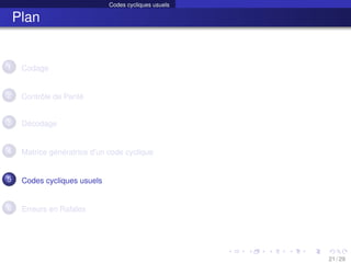 Codes cycliques usuels
Plan
1 Codage
2 Contrôle de Parité
3 Décodage
4 Matrice génératrice d’un code cyclique
5 Codes cycliques usuels
6 Erreurs en Rafales
21 / 29
 