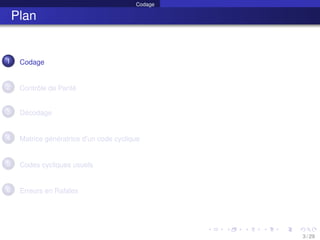 Codage
Plan
1 Codage
2 Contrôle de Parité
3 Décodage
4 Matrice génératrice d’un code cyclique
5 Codes cycliques usuels
6 Erreurs en Rafales
3 / 29
 