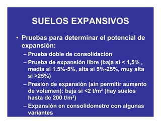 SUELOS EXPANSIVOSSUELOS EXPANSIVOS
• Pruebas para determinar el potencial dePruebas para determinar el potencial de
expansión:
Prueba doble de consolidación– Prueba doble de consolidación
– Prueba de expansión libre (baja si < 1,5% ,
media si 1 5%-5% alta si 5%-25% muy altamedia si 1.5%-5%, alta si 5%-25%, muy alta
si >25%)
– Presión de expansión (sin permitir aumentoPresión de expansión (sin permitir aumento
de volumen): baja si <2 t/m² (hay suelos
hasta de 200 t/m²)
– Expansión en consolidometro con algunas
variantes
 