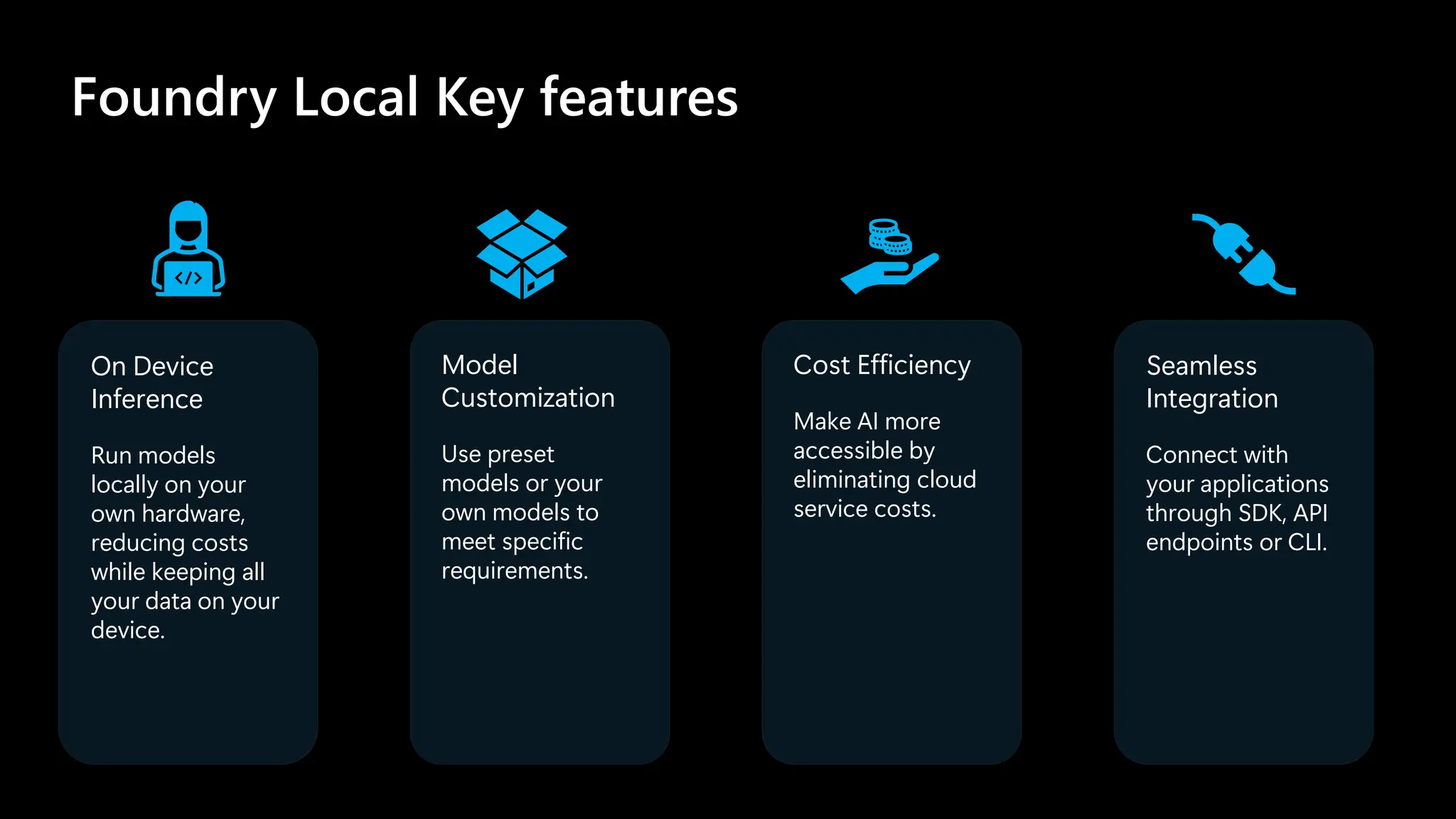 Foundry Local Key features
Seamless
Integration
Connect with
your applications
through SDK, API
endpoints or CLI.
On Device
Inference
Run models
locally on your
own hardware,
reducing costs
while keeping all
your data on your
device.
Model
Customization
Use preset
models or your
own models to
meet specific
requirements.
Cost Efficiency
Make AI more
accessible by
eliminating cloud
service costs.
 