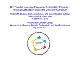 UNI Faculty Leadership Program in Sustainability Education:
  Infusing Sustainability across the University Curriculum
William M. Stigliani, Catherine Zeman, and Gowri Betrabet Gulwadi
                      University of Northern Iowa
                          Cedar Falls, Iowa

                Presented at Carleton College
Workshop on Systems, Society, Sustainability and the Geosciences
                      July 25-26, 2012
 