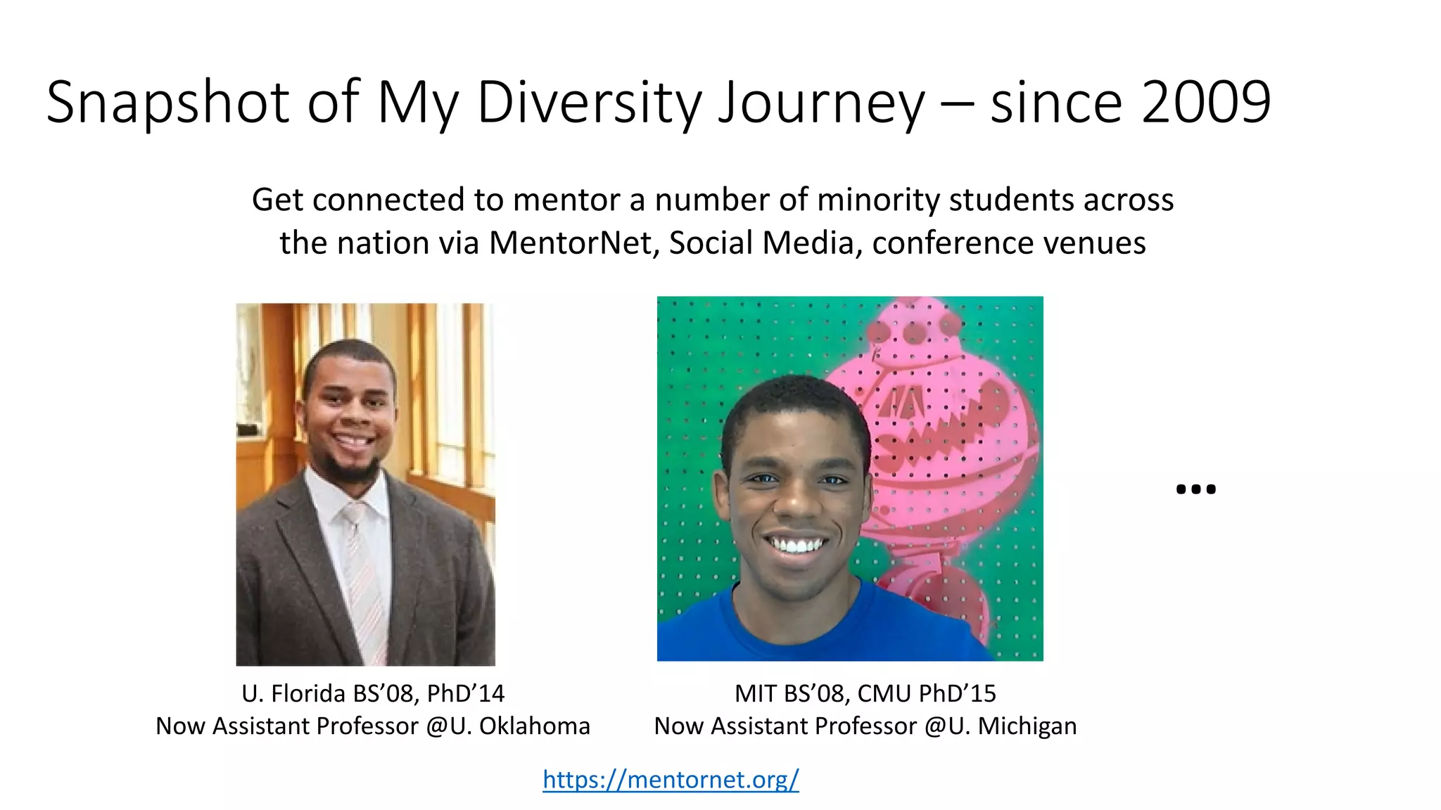 Snapshot of My Diversity Journey – since 2009
https://mentornet.org/
Get connected to mentor a number of minority students across
the nation via MentorNet, Social Media, conference venues
MIT BS’08, CMU PhD’15
Now Assistant Professor @U. Michigan
U. Florida BS’08, PhD’14
Now Assistant Professor @U. Oklahoma
…
 