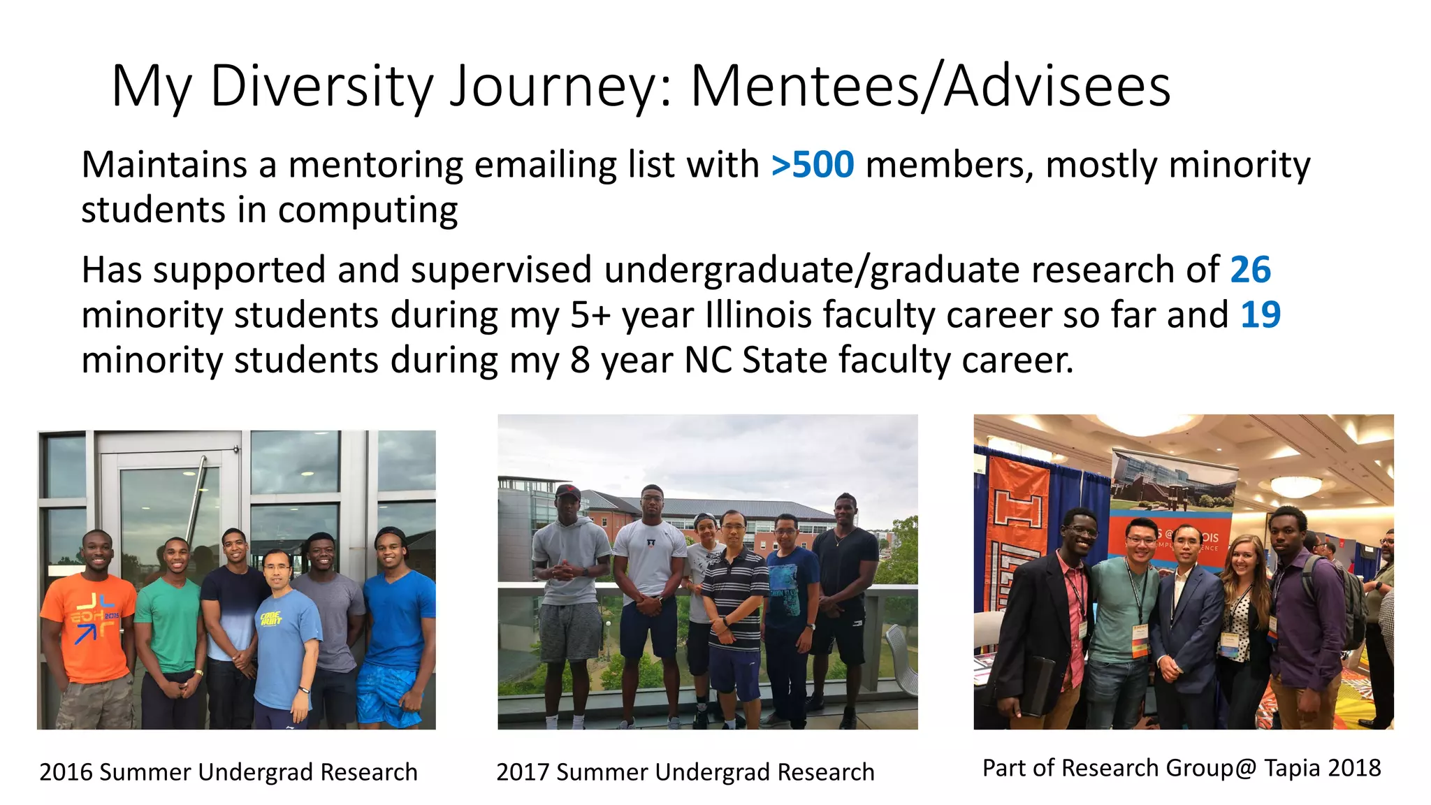 My Diversity Journey: Mentees/Advisees
Maintains a mentoring emailing list with >500 members, mostly minority
students in computing
Has supported and supervised undergraduate/graduate research of 26
minority students during my 5+ year Illinois faculty career so far and 19
minority students during my 8 year NC State faculty career.
2017 Summer Undergrad Research2016 Summer Undergrad Research Part of Research Group@ Tapia 2018
 