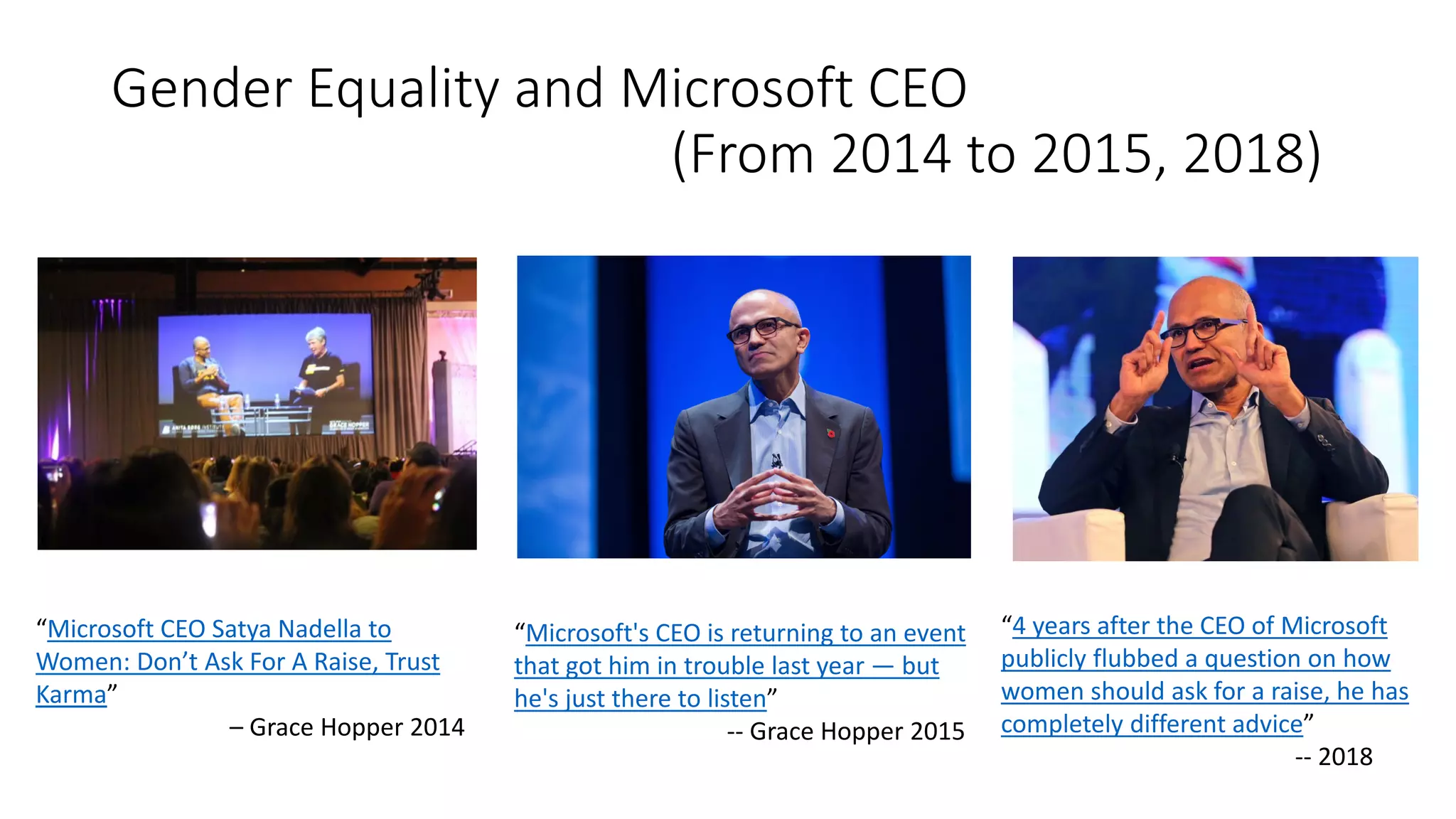 Gender Equality and Microsoft CEO
(From 2014 to 2015, 2018)
“Microsoft CEO Satya Nadella to
Women: Don’t Ask For A Raise, Trust
Karma”
– Grace Hopper 2014
“Microsoft's CEO is returning to an event
that got him in trouble last year — but
he's just there to listen”
-- Grace Hopper 2015
“4 years after the CEO of Microsoft
publicly flubbed a question on how
women should ask for a raise, he has
completely different advice”
-- 2018
 