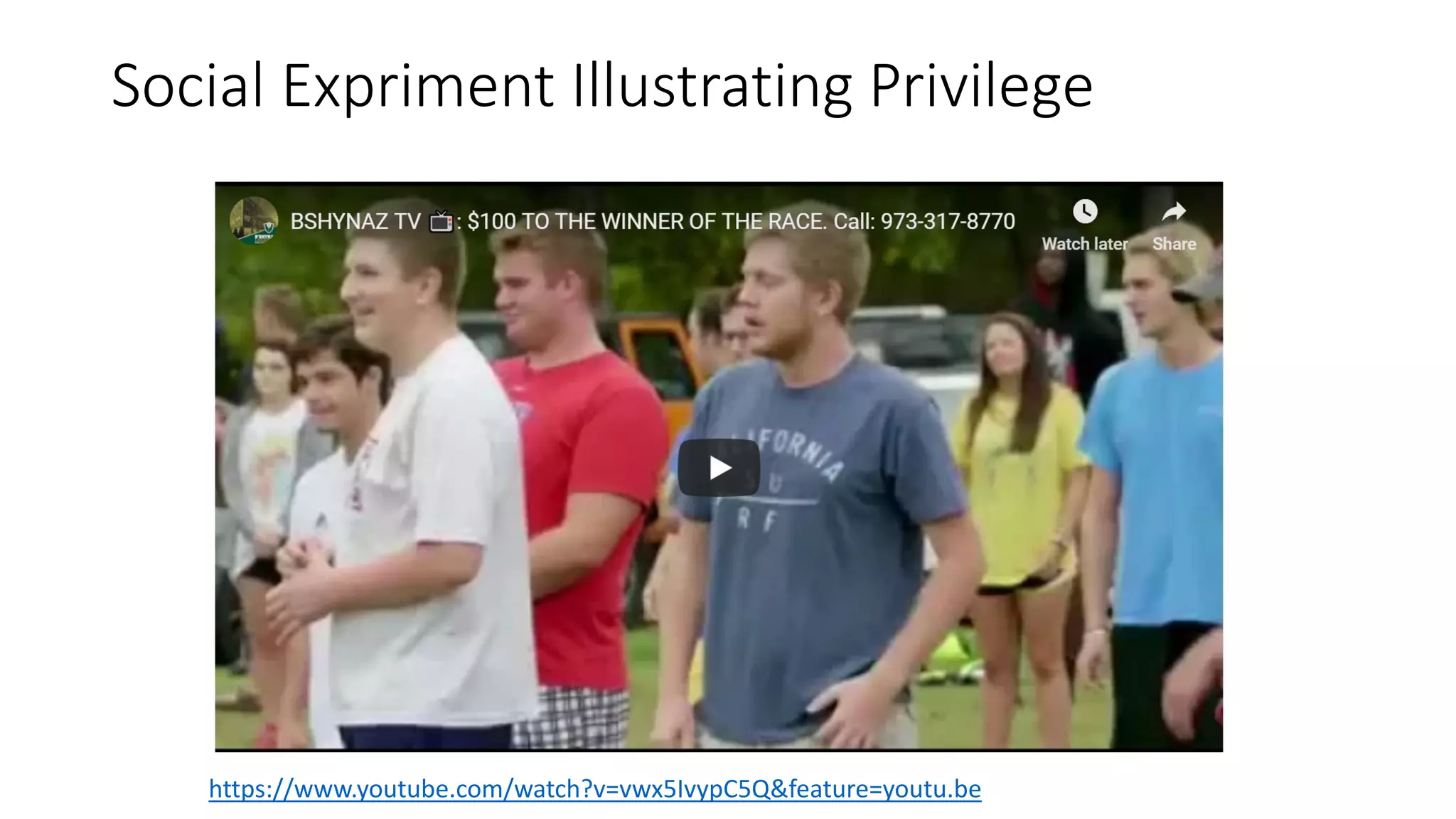 Social Expriment Illustrating Privilege
https://www.youtube.com/watch?v=vwx5IvypC5Q&feature=youtu.be
 