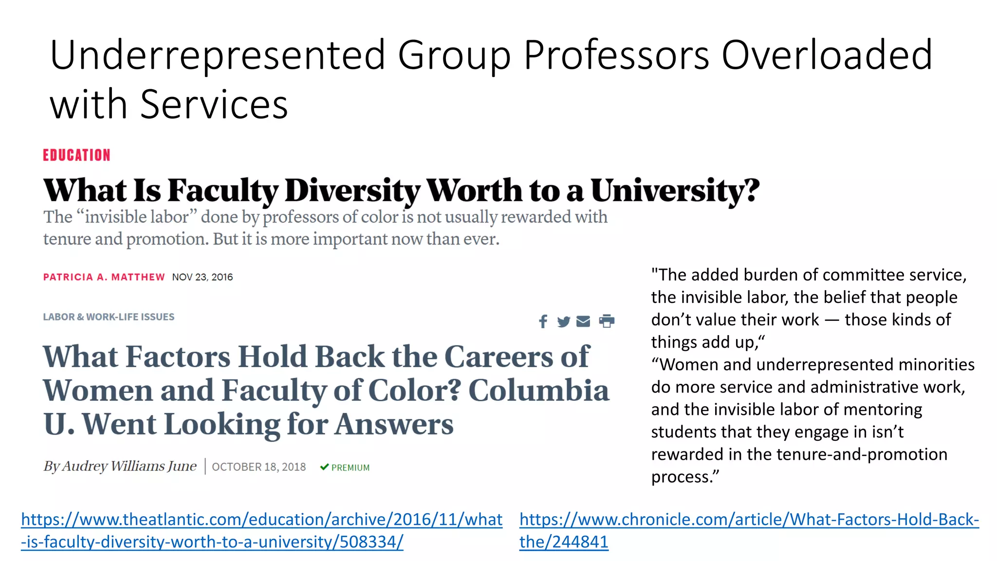 Underrepresented Group Professors Overloaded
with Services
https://www.theatlantic.com/education/archive/2016/11/what
-is-faculty-diversity-worth-to-a-university/508334/
https://www.chronicle.com/article/What-Factors-Hold-Back-
the/244841
"The added burden of committee service,
the invisible labor, the belief that people
don’t value their work — those kinds of
things add up,“
“Women and underrepresented minorities
do more service and administrative work,
and the invisible labor of mentoring
students that they engage in isn’t
rewarded in the tenure-and-promotion
process.”
 