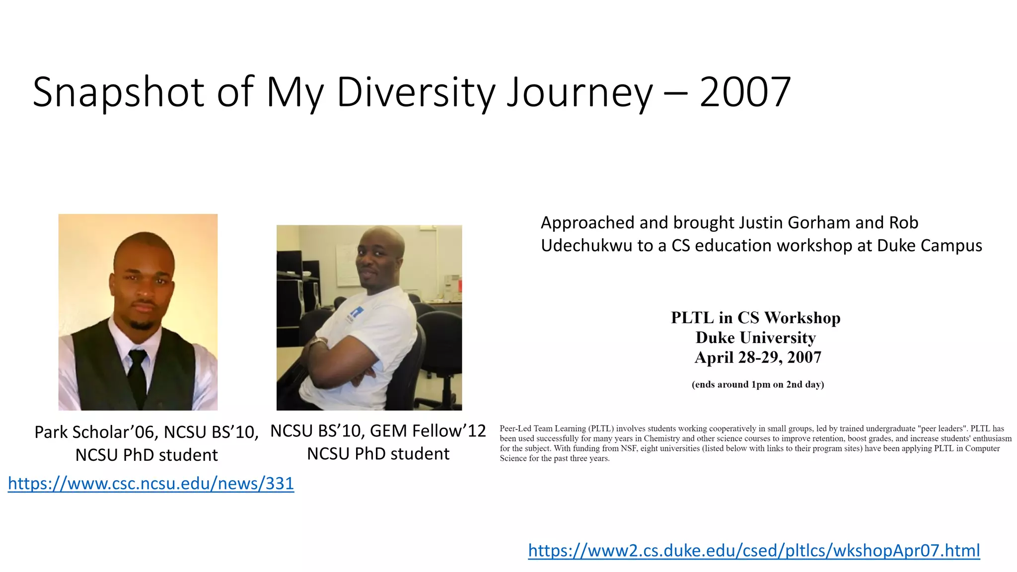 Snapshot of My Diversity Journey – 2007
Approached and brought Justin Gorham and Rob
Udechukwu to a CS education workshop at Duke Campus
https://www.csc.ncsu.edu/news/331
Park Scholar’06, NCSU BS’10,
NCSU PhD student
NCSU BS’10, GEM Fellow’12
NCSU PhD student
https://www2.cs.duke.edu/csed/pltlcs/wkshopApr07.html
 