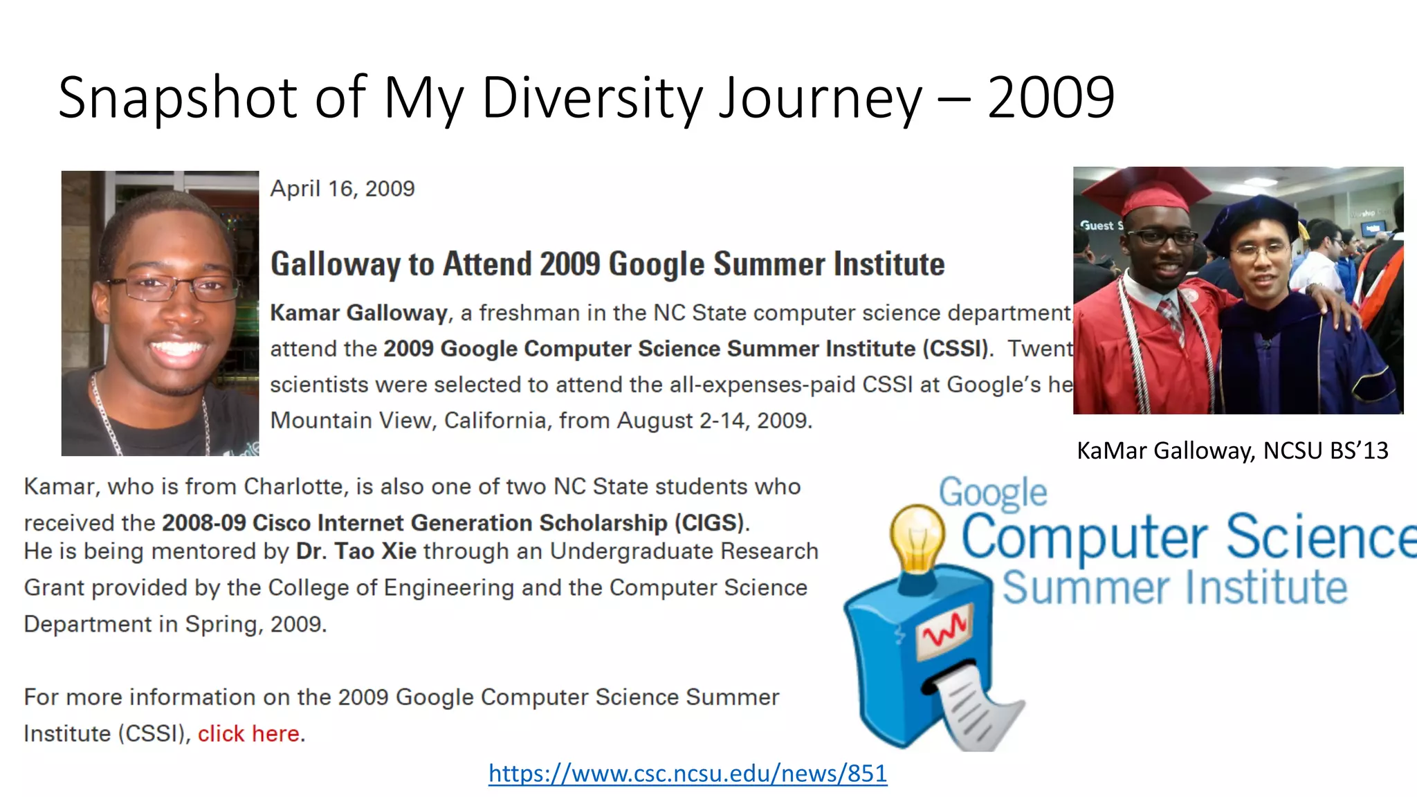 Snapshot of My Diversity Journey – 2009
https://www.csc.ncsu.edu/news/851
KaMar Galloway, NCSU BS’13
 