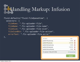 Handling Markup: Infusion
       fluid.defaults("fluid.fileQueueView", {
          selectors: {
            fileRows: ".fl...