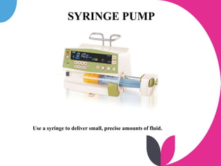 SYRINGE PUMP
Use a syringe to deliver small, precise amounts of fluid.
 
