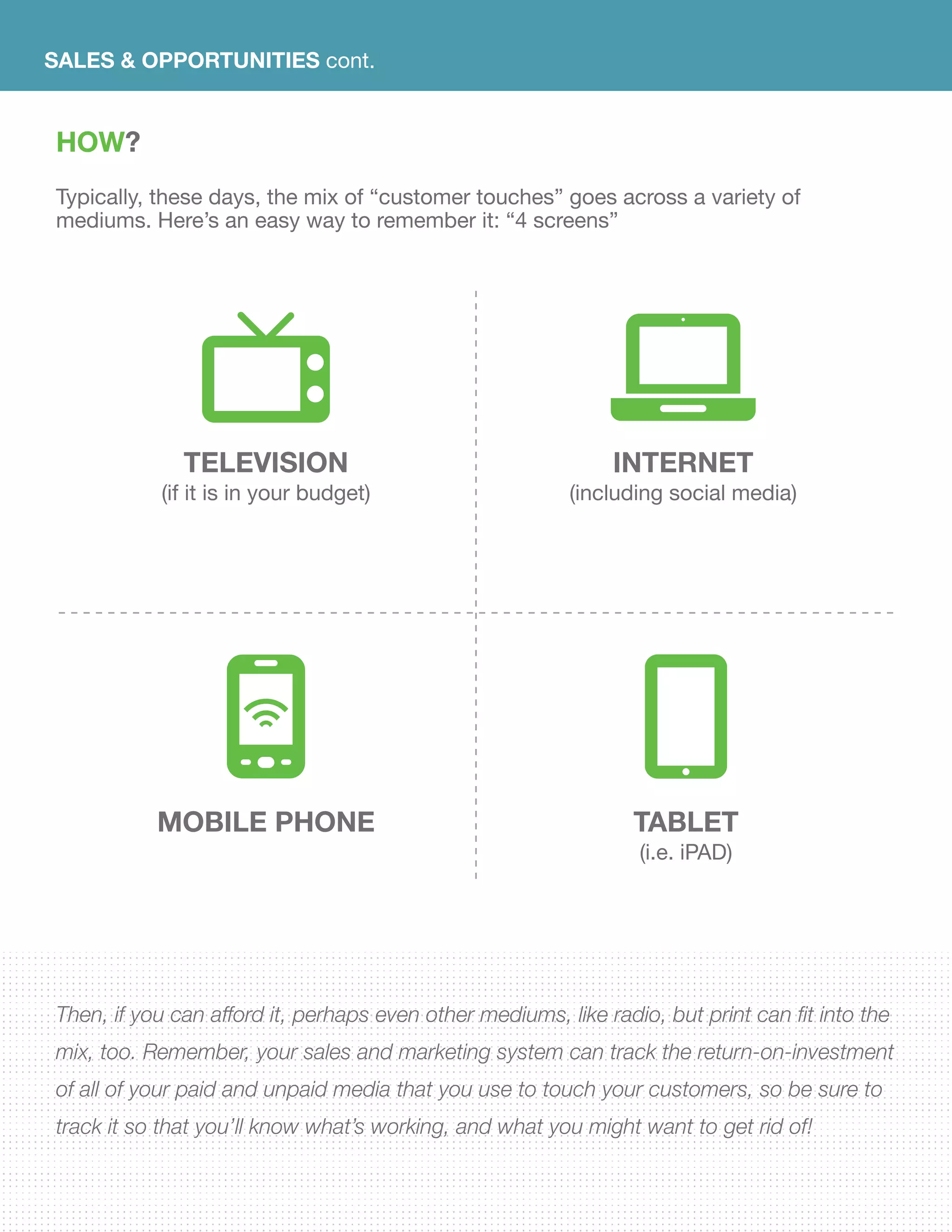 SALES & OPPORTUNITIES cont.
HOW?
Typically, these days, the mix of “customer touches” goes across a variety of
mediums. Here’s an easy way to remember it: “4 screens”
TELEVISION
(if it is in your budget)
MOBILE PHONE
INTERNET
(including social media)
TABLET
(i.e. iPAD)
Then, if you can afford it, perhaps even other mediums, like radio, but print can fit into the
mix, too. Remember, your sales and marketing system can track the return-on-investment
of all of your paid and unpaid media that you use to touch your customers, so be sure to
track it so that you’ll know what’s working, and what you might want to get rid of!
 