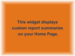 This widget displays
custom report summaries
on your Home Page.

 