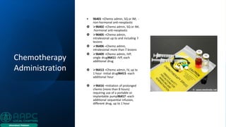 Chemotherapy
Administration
• 96401 –Chemo admin, SQ or IM; -
non-hormonal anti-neoplastic
 ➢96402 –Chemo admin, SQ or IM;
-hormonal anti-neoplastic
 ➢96405 –Chemo admin,
intralesional up to and including 7
lesions
 ➢96406 –Chemo admin,
intralesional more than 7 lesions
 ➢96409 –Chemo admin, IVP,
single drug96411 -IVP, each
additional drug
 ➢96413 –Chemo admin, IV, up to
1 hour -initial drug96415 -each
additional hour
 ➢96416 –Initiation of prolonged
chemo (more than 8 hours)
requiring use of a portable or
implantable pump96417 -each
additional sequential infusion,
different drug, up to 1 hour
 