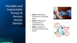 Portable and
Implantable
Pumps &
Venous
Access
Devices
• 96521 –Refilling and
maintenance of portable
pump
• 96522 –Refilling and
maintenance of
implantable pump
• 96523 –Irrigation of
implanted venous access
device
 