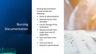 Nursing
Documentation
Nursing documentation
should include the
following:
• Route of administration
• Separate Access Sites
identified
• Correct Dosage of the
medication
• Wasted amount from
single dose vials (if
applicable)
• Start and Stop Times
!!!!!
• Time and site of
Injections administered
 