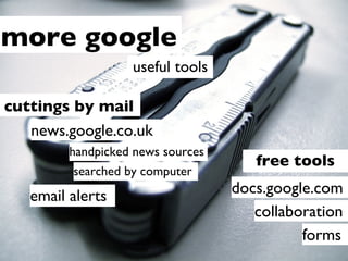 more google <ul><li>cuttings by mail </li></ul>news.google.co.uk email alerts handpicked news sources searched by computer...