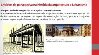 Critériosda perspectivana históriada arquitectura eUrbanismo
A importância da Perspectiva na Arquitectura e Urbanismo
A arte renascentista confundiu-se com a de projectar cidades, fazendo com que as Leis
de Perspectiva se tornassem as regras de construção de vias, praças e conjuntos
urbanos, segundo princípios universais de simetria e proporção.
Hans Vredeman de Vries (1527-1609)
Prospettiva di una piazza (c.1470)
Francesco di Giorgio (1439-1501)e Luciano Laurana (1420-79)
 