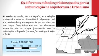 Osdiferentesmétodospráticosusadosparaa
comunicaçãonaarquitecturaeUrbanismo
A escala: A escala, em cartografia, é a relação
matemática entre as dimensões do objeto no real
e a do desenho que o representa em um plano ou
um mapa. Constitui-se em um dos elementos
essenciais de um mapa, juntamente com a
orientação, a legenda (convenções cartográficas) e
a fonte
 