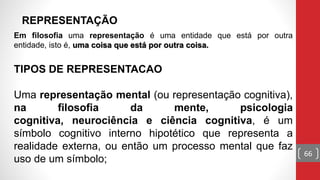 Em filosofia uma representação é uma entidade que está por outra
entidade, isto é, uma coisa que está por outra coisa.
TIPOS DE REPRESENTACAO
Uma representação mental (ou representação cognitiva),
na filosofia da mente, psicologia
cognitiva, neurociência e ciência cognitiva, é um
símbolo cognitivo interno hipotético que representa a
realidade externa, ou então um processo mental que faz
uso de um símbolo;
REPRESENTAÇÃO
66
 