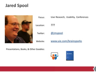 Jared Spool

                               Focus:    User Research, Usability, Conferences


                            ...