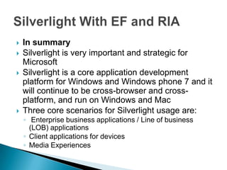 In summary<br />Silverlight is very important and strategic for Microsoft <br />Silverlight is a core application developm...