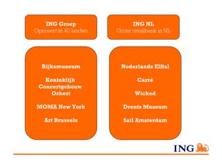 ING Groep                  ING NL
Opereert in 40 landen   Grote retailbank in NL




  Rijksmuseum            Nederlands Elftal

   Koninklijk                   Carré
 Concertgebouw
     Orkest                    Wicked

MOMA New York             Drents Museum

   Art Brussels           Sail Amsterdam
 
