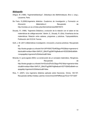 12
Bibliografía
Artigue, M. (1996). “Ingenieriedidactique”. Didactique des Mathématiques, Brun J. (org.),
Lausanne, Paris.
De Faria, E.(2006).Ingeniería didáctica. Cuadernos de Investigación y Formación en
Educación Matemática.4. Recuperado de
http://revistas.ucr.ac.cr/index.php/cifem/article/view/6887/6573
Douady, R. (1996). “Ingeniería Didáctica y evolución de la relación con el saber en las
matemáticas de collège-seconde”. Barbin, E., Douady, R. (Eds). Enseñanza de las
matemáticas: Relación entre saberes, programas y prácticas. Topiqueséditions.
Publicación del I.R.E.M. Francia.
Goñi, J. M. (2011).Matemáticas investigación, innovación y buenas prácticas. Recuperado
de
http://books.google.co.cr/books?id=LWFHGKC7SuMC&pg=PA32&dq=ingenieria+d
idactica&hl=en&sa=X&ei=3AtFUY_QNcXTqgGMiYHgBw&ved=0CEEQ6AEwBA#v
=onepage&q=ingenieria%20didactica&f=false
Miranda, E. (junio-agosto 2003). La construcción de un concepto matemático. Renglones,
21. Recuperado de
http://books.google.co.cr/books?id=EUut3vZFe2UC&pg=PA21&dq=ingenieria+dida
ctica&hl=en&sa=X&ei=3AtFUY_QNcXTqgGMiYHgBw&ved=0CFYQ6AEwBw#v=on
epage&q=ingenieria%20didactica&f=false
Ríos, Y. (2007). Una ingeniería didáctica aplicada sobre fracciones. Omnia, 120-157.
Recuperado dehttp://redalyc.uaemex.mx/src/inicio/ArtPdfRed.jsp?iCve=73713207
 