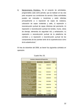 b) Mantenimiento Periódico.- Es el conjunto de actividades, 
programables cada cierto periodo, que se realizan en las vías 
para recuperar sus condiciones de servicio. Estas actividades 
pueden ser manuales o mecánicas y están referidas 
principalmente a: i) reposición de capas de rodadura, 
colocación de capas nivelantes y sello, ii) reparación o 
reconstrucción puntual de capas inferiores del pavimento, iii) 
reparación o reconstrucción puntual de túneles, muros, obras 
de drenaje, elementos de seguridad vial, y señalización, iv) 
reparación o reconstrucción puntual de la plataforma de 
carretera y v) reparación o reconstrucción puntual de los 
componentes de los puentes tanto de la superestructura como 
de la subestructura.” 
Al mes de diciembre del 2008, se tienen los siguientes contratos en 
operación: 
22 
Cuadro Nro. 03 
Contratos en Operación del Proyecto Perú 
Descripción Plazo de Contrato Presupuesto (S/.) Longitud 
(kms) 
Dv. Humajalso - Desaguadero 05 años 24,904,607.70 207 
Pte. Camiara - Tacna/ Tacna - Ilo/ Tacna - 
Tarata/ Tacna - Palca 05 años 55,453,264.70 399 
Cañete - Lunahuaná - Pacarán - Zúñiga - Dv 
Yauyos - Ronchas - Chupaca 05 años 131,589,139.31 281.73 
Huancayo - Imperial - Izcuchaca - Ayacucho 03 años 54,271,845.00 421.49 
Cajamarca - Celendin - Balsas - Dv 
Chachapoyas - Chachapoyas 03 años 64,960,054.00 372.26 
Lima - Canta - Huayllay - EMP. PE-3N y 
Chancay - Huaral - Acos - Huayllay 03 años 29,273,908.00 374.35 
Puente Huarochiri - Sihuas - Huacrachuco - 
San Pedro de Chonta 03 años 59,560,776.40 280 
Carretera PE 3S tramo Ayacucho - 
Andahuaylas - Puente Sahuinto 04 años 45,538,779.80 384.5 
Huaura - Sayan - Churin - Oyon - Ambo y 
Rio Seco - Sayan 03 años 73,133,086.67 343.41 
Huanuco - Hullanca - Dv. Antamina 05 años 75,735,000.00 172.43 
Total 746,009,601 3,236 
Fuente: Ministerio de Transportes y Comunicaciones 
 