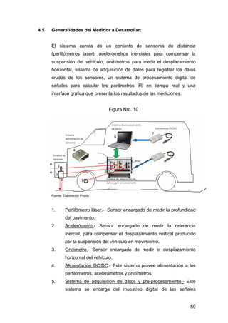 59 
4.5 Generalidades del Medidor a Desarrollar: 
El sistema consta de un conjunto de sensores de distancia 
(perfilómetros laser), acelerómetros inerciales para compensar la 
suspensión del vehículo, ondímetros para medir el desplazamiento 
horizontal, sistema de adquisición de datos para registrar los datos 
crudos de los sensores, un sistema de procesamiento digital de 
señales para calcular los parámetros IRI en tiempo real y una 
interface gráfica que presenta los resultados de las mediciones. 
Figura Nro. 10 
Fuente: Elaboración Propia 
1. Perfilómetro láser.- Sensor encargado de medir la profundidad 
del pavimento. 
2. Acelerómetro.- Sensor encargado de medir la referencia 
inercial, para compensar el desplazamiento vertical producido 
por la suspensión del vehículo en movimiento. 
3. Ondimetro.- Sensor encargado de medir el desplazamiento 
horizontal del vehículo. 
4. Alimentación DC/DC.- Este sistema provee alimentación a los 
perfilómetros, acelerómetros y ondímetros. 
5. Sistema de adquisición de datos y pre-procesamiento.- Este 
sistema se encarga del muestreo digital de las señales 
 