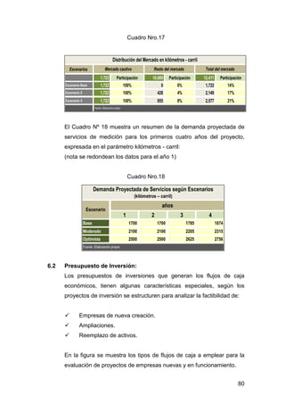 80 
Escenarios 
Distribución del Mercado en kilómetros - carril 
Mercado cautivo Resto del mercado Total del mercado 
1,722 Participación 10,689 Participación 12,411 Participación 
Escenario Base 1,722 100% 0 0% 1,722 14% 
Escenario 2 1,722 100% 428 4% 2,149 17% 
Escenario 3 1,722 100% 855 8% 2,577 21% 
Fuente: Elaboración propia 
Demanda Proyectada de Servicios según Escenarios 
(kilómetros – carril) 
años 
1 2 3 4 
Escenario 
Base 1700 1700 1785 1874 
Moderado 2100 2100 2205 2315 
Optimista 2500 2500 2625 2756 
Fuente: Elaboración propia 
Cuadro Nro.17 
El Cuadro Nº 18 muestra un resumen de la demanda proyectada de 
servicios de medición para los primeros cuatro años del proyecto, 
expresada en el parámetro kilómetros - carril: 
(nota se redondean los datos para el año 1) 
Cuadro Nro.18 
6.2 Presupuesto de Inversión: 
Los presupuestos de inversiones que generan los flujos de caja 
económicos, tienen algunas características especiales, según los 
proyectos de inversión se estructuren para analizar la factibilidad de: 
 Empresas de nueva creación. 
 Ampliaciones. 
 Reemplazo de activos. 
En la figura se muestra los tipos de flujos de caja a emplear para la 
evaluación de proyectos de empresas nuevas y en funcionamiento. 
 