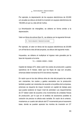 83 
D Costo de adquisición Gastos de instalación  
Vida útil 
 
Por ejemplo, la depreciación de los equipos electrónicos de 20,000 
um anuales se obtuvo al dividir la inversión en equipos electrónicos de 
100,000 um por su vida útil de 5 años. 
La Amortización de intangibles, se obtiene en forma similar a la 
depreciación. 
Valor en libros de activos fijos VL, se obtiene con la siguiente fórmula: 
VL  Costo de adquisició n - Depreciaci ón acumulada 
Por ejemplo, el valor en libros de los equipos electrónicos de 20,000 
um al final de la vida útil del proyecto, se obtuvo del siguiente modo: 
Impuestos, se obtiene al multiplicar el ingreso neto gravable por la 
tasa de impuesto a la renta. 
VL 100000-80000  20000 
Capital de trabajo (CT), debe cubrir los costos de producción y gastos 
operativos de 6 meses; dado que los flujos de caja son anuales, 
entonces deben tomarse los 6/12 de dichos importes: 
En razón que en los dos últimos años de vida del proyecto las ventas 
son crecientes, los costos y gastos asociados con la producción 
también pueden ser crecientes de acuerdo a la política de la empresa, 
entonces se requería de mayor inversión en capital de trabajo para 
que pueda sostener el mayor nivel de actividad. Los requerimientos 
de CT deben estar de acuerdo a los incrementos de unidades físicas 
de producción, por lo que en el análisis de escenarios posibles la 
variación de precios no afecta esta variable. En razón de lo anterior, 
mostramos un cuadro del cálculo del CT incremental para el escenario 
base, donde se pueden apreciar los montos de inversión en CT 
 