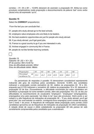 corretas – 01, 04 e 08 –, 12,84% deixaram de assinalar a proposição 04. Atribui-se como
prováveis complicadores nesta proposição o desconhecimento da palavra ‘last’ como verbo
(durar) e/ou da expressão ‘up to’.
Questão 15
Select the CORRECT proposition(s).
From the text you can conclude that …
01. people who study abroad go to the best schools.
02. employers value employees who are likely to be leaders.
04. the best academic opportunities are just for people who study abroad.
08. if you study abroad, you’ll get good jobs.
16. France is a good country to go if you are interested in arts.
32. Andrew engaged in community life in France.
64. people do not like familiar learning contexts.
Questão 15
Gabarito: 50 (02 + 16 + 32)
Nº de acertos: 993 (12,60 %)
Grau de dificuldade previsto: Difícil
Grau de dificuldade obtido: Médio
Proposições 01 02 04 08 16 32 64
Percentual de
incidência (%)
23,3 43,2 22,0 42,0 63,0 60,0 3,2
Os percentuais de respostas à questão 15 demonstram considerável espraiamento
indicando alto grau de incerteza pelos candidatos. Somente 12,60% dos candidatos
indicaram a proposição correta (somatório de 50, relativo às proposições 02, 16 e 32),
enquanto que 8,13% indicaram o somatório 48, relativo às proposições 16 e 32, deixando a
proposição 02 de fora. Provavelmente, a dificuldade encontrada por estes candidatos em
identificar a proposição 02 como também correta, além das proposições 16 e 32, se deu por
dificuldades no reconhecimento do vocabulário “employers”, “employees” (empregadores,
empregados) e/ou pela expressão “are likely to be” (que são prováveis). Outro ponto a ser
notado é a alta frequência de indicações da proposição 08 – “if you study abroad, you’ll get
good jobs” (se você estudar no exterior, conseguirá bons empregos) como correta de acordo
com o texto 1 da prova. A frequência de indicações desta proposição como correta (3323
candidatos) aproximou-se da frequência de indicações da proposição 02 (3423 candidatos).
A relação direta de causa e efeito estabelecida na proposição 08 não parece ter sido
corretamente compreendida pelos candidatos que a assinalaram.
 