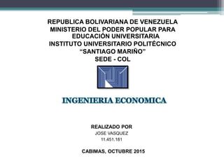 REPUBLICA BOLIVARIANA DE VENEZUELA
MINISTERIO DEL PODER POPULAR PARA
EDUCACIÓN UNIVERSITARIA
INSTITUTO UNIVERSITARIO POLITÉCNICO
“SANTIAGO MARIÑO”
SEDE - COL
REALIZADO POR
JOSE VASQUEZ
11.451.181
CABIMAS, OCTUBRE 2015
 