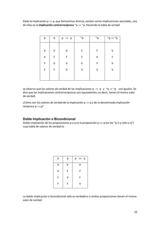 10
Dada la implicación p  q, que llamaremos directa, existen varias implicaciones asociadas, una
de ellas es la implicación contrarrecíproca ~q  ~p. Haciendo la tabla de verdad
p q p  q ~p ~q ~q  ~p
V
V
F
F
V
F
V
F
V
F
V
V
F
F
V
V
F
V
F
V
V
F
V
V
se observa que los valores de verdad de las implicaciones p  q y ~q  ~p son iguales. Se
dice que las implicaciones contrarrecíprocas son equivalentes, es decir, tienen el mismo valor
de verdad.
¿Cómo son los valores de verdad de la implicación p  q y de la denominada implicación
recíproca q  p?
Doble Implicación o Bicondicional
Doble implicación de las proposiciones p y q es la proposición p  q (se lee "p si y sólo si q")
cuya tabla de valores de verdad es
p q p  q
V
V
F
F
V
F
V
F
V
F
F
V
La doble implicación o bicondicional sólo es verdadera si ambas proposiciones tienen el mismo
valor de verdad.
 