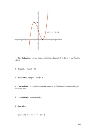108
1) Tipo de función: es una función polinómica de grado 3, es decir, es una función
cúbica.
2) Dominio: Dom(f) = R
3) Recorrido o imagen: Im(f) = R
4) Continuidad: es continua en todo R, es decir, la función está bien definida para
todo valor real.
5) Periodicidad: no es periódica.
6) Simetrías:
f(-x) = (-x)3
+ 3x + 2 = - x3
+ 3x + 2
 