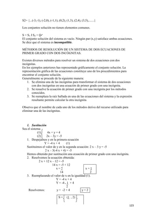 123
S2= {...(-3,-1), (-2,0), (-1,1), (0,2), (1,3), (2,4), (3,5),.......}
Los conjuntos solución no tienen elementos comunes.
S = S1 S2 = 
El conjunto solución del sistema es vacío. Ningún par (x,y) satisface ambas ecuaciones.
Se dice que el sistema es incompatible.
MÉTODOS DE RESOLUCIÓN DE UN SISTEMA DE DOS ECUACIONES DE
PRIMER GRADO CON DOS INCÓGNITAS.
Existen diversos métodos para resolver un sistema de dos ecuaciones con dos
incógnitas.
En los ejemplos anteriores has representado gráficamente el conjunto solución. La
representación gráfica de las ecuaciones constituye uno de los procedimientos para
encontrar el conjunto solución.
Generalmente se procede de la siguiente manera:
1. Se elimina una de las incógnitas para transformar el sistema de dos ecuaciones
con dos incógnitas en una ecuación de primer grado con una incógnita.
2. Se resuelve la ecuación de primer grado con una incógnita por los métodos
conocidos.
3. Se reemplaza la raíz hallada en una de las ecuaciones del sistema y la expresión
resultante permite calcular la otra incógnita.
Observa que el nombre de cada uno de los métodos deriva del recurso utilizado para
eliminar una de las incógnitas.
1. Sustitución
Sea el sistema:
(1) 4x + y = 4
(2) 2x – 3y = -5
1. Despejamos y en la primera ecuación
Y = -4 x + 4 (1)
Sustituimos el valor de y en la segunda ecuación: 2 x – 3 y = -5
2 x – 3(-4 x + 4) = -5
Hemos obtenido por sustitución una ecuación de primer grado con una incógnita.
2. Resolvemos la ecuación obtenida:
2 x + 12 x – 12 = -5
14 x = -5 + 12
x = 7 x = 1
14 2
3. Reemplazando el valor de x en la igualdad (1).
Y = -4 x + 4
Y = -4 . 1 + 4
2
Resolvemos: y = -2 + 4 y = 2
S = (1 , 2)
 