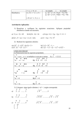 22
=> a . c = b . d no cumple no cumple
Distributiva (a + b) : c = a: c + b: c
a .(b +c) = a . b + a . c
(a. b)n
= an
. bn
(a : b)n
= an
: bn
n
Va.b = n
Va.n
Vb
n
Va:b = n
Va : n
Vb
Actividad de Aplicación:
1) Resuelvan y verifiquen las siguientes ecuaciones. Apliquen propiedad
distributiva cuando sea necesario.
a) 5. ( a + 3) = 45 b) 8.(2.b – 4) = 16 c) 8. (p + 4 ) + 3.p – 2.p = 5 . 8 + 1
d) 0,5 . (7 + w) + 3.w = 2. ( 4 – 0,5) e) 21 + 3.(c + 7) = 92
2) Realicen los siguientes cálculos:
a) (-2)3
– 3 . (-2)2
+ 8.(-2) + 3 = b) 2. (2 + 3)2
– ½ =
c) (3 . 2) 2
+ (5 – 2 )2
= d) 2 .(2 – ½ )2
+ (2 – ½ )0
+ (1/2)2
=
¡PARA RECORDAR!
La Potenciación tiene las siguientes propiedades:
. n 4
* a = a.a.a…..a a se multiplica n veces por si misma . Ej.: 2 = 2.2.2.2
m n m+n 2 5 2+5 7
* a . a = a Ej: 3 .3 = 3 = 3
m n m-n 6 3 6-3 3
* a : a = a Ej: 3 : 3 = 3 = 3
m 3
n n.m 2 2.3 6
* (a = a Ej: 3 = 3 = 3
0 0
* a = 1 Ej: 3 = 1
1 1
* a = a Ej: 3 = 3
3) Coloquen signo igual o distinto ( = ó = ) según corresponda:
2 3 5 . .
a) 2 . 2 …… 2 |/ 9 ………..3
2 4 3 . . . . . .
b) 3 : 3 ……… 3 |/ 9 +9 …………|/ 9 + |/ 9
9 2 4 . . . . .
c) 5 : 5 ………5 |/ 4 . 9 …………. |/ 4 . |/ 9
4
 