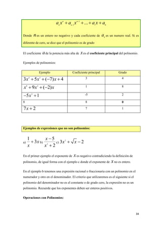 34
Donde es un entero no negativo y cada coeficiente de es un numero real. Si es
diferente de cero, se dice que el polinomio es de grado
El coeficiente de la potencia más alta de es el coeficiente principal del polinomio.
Ejemplos de polinomios:
Ejemplo Coeficiente principal Grado
3 4
1 8
-5 2
8 8 0
7 1
Ejemplos de expresiones que no son polinomios:
a) b) c)
En el primer ejemplo el exponente de es negativo contradiciendo la definición de
polinomio, de igual forma con el ejemplo c donde el exponente de no es entero.
En el ejemplo b tenemos una expresión racional o fraccionaria con un polinomio en el
numerador y otro en el denominador. El criterio que utilizaremos es el siguiente si el
polinomio del denominador no es el constante o de grado cero, la expresión no es un
polinomio. Recuerde que los exponentes deben ser enteros positivos.
Operaciones con Polinomios:
1
1 1 0
...n n
n n
a x a x a x a

   
n k
a
a x
4 3
3 5 ( 7) 4x x x   
8 2
9 ( 2)x x x  
2
5 1x 
7 2x 
1
3x
x
 2
5
2
x
x


2
3 2x x 
x
x
 