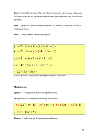 36
Paso 2: Elimine los paréntesis. Para hacerlo solo escriba los términos que están dentro
de los paréntesis con sus signos correspondientes e ignore el signo + que entre los dos
paréntesis.
Paso 3: Agrupe los términos semejantes es decir los términos con iguales variables e
iguales exponentes.
Paso 4: Sume y reste los términos semejantes.
Así que aplicando este concepto a la expresión entera tendríamos:
Multiplicación:
Ejemplo 1. Multiplicación de monomio por monomio:
Multiplicamos las constantes o números y las variables
=
=
Ejemplo 2. Multiplicación de monomio por polinomio:
32
(2 3 1)5 xx x   22 3 2
( 5 ) ( 5 )(2 ) (3 ) ( 1( 5 ) )x xx x x    
5 3 2
10 15 5x x x  
=
=
=
=
3 2 3 2
( 2 5 7) (4 5 3)x x x x x     
3 2 3 2
( 2 5 7) ( 4 5 3)x x x x x    
3 2 3 2
2 5 7 4 5 3x x x x x     
3 3 2 2
4 5 2 5 7 3x x x x x    
3 2
3 7 5 4x x x   
 