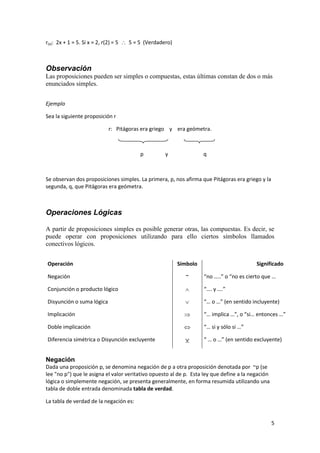 5
r(x): 2x + 1 = 5. Si x = 2, r(2) = 5  5 = 5 (Verdadero)
Observación
Las proposiciones pueden ser simples o compuestas, estas últimas constan de dos o más
enunciados simples.
Ejemplo
Sea la siguiente proposición r
r: Pitágoras era griego y era geómetra.
p y q
Se observan dos proposiciones simples. La primera, p, nos afirma que Pitágoras era griego y la
segunda, q, que Pitágoras era geómetra.
Operaciones Lógicas
A partir de proposiciones simples es posible generar otras, las compuestas. Es decir, se
puede operar con proposiciones utilizando para ello ciertos símbolos llamados
conectivos lógicos.
Operación Símbolo Significado
Negación
Conjunción o producto lógico
Disyunción o suma lógica
Implicación
Doble implicación
Diferencia simétrica o Disyunción excluyente
~





“no …..” o “no es cierto que …
“…. y ….”
“… o …” (en sentido incluyente)
“… implica …”, o “si… entonces …”
“… si y sólo si …”
“ … o …” (en sentido excluyente)
Negación
Dada una proposición p, se denomina negación de p a otra proposición denotada por ~p (se
lee "no p") que le asigna el valor veritativo opuesto al de p. Esta ley que define a la negación
lógica o simplemente negación, se presenta generalmente, en forma resumida utilizando una
tabla de doble entrada denominada tabla de verdad.
La tabla de verdad de la negación es:
 