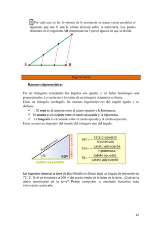 55
3 Por cada una de las divisiones de la semirrecta se trazan rectas paralelas al
segmento que une B con la última división sobre la semirrecta. Los puntos
obtenidos en el segmento AB determinan las 3 partes iguales en que se divide.
Trigonometría
Razones trigonométricas
En los triángulos semejantes los ángulos son iguales y los lados homólogos son
proporcionales. La razón entre los lados de un triángulo determina su forma.
Dado un triángulo rectángulo, las razones trigonométricas del ángulo agudo α se
definen:
 � El seno es el cociente entre el cateto opuesto y la hipotenusa.
 El coseno es el cociente entre el cateto adyacente y la hipotenusa.
 La tangente es el cociente entre el cateto opuesto y el cateto adyacente.
Estas razones no dependen del tamaño del triángulo sino del ángulo.
Un ingeniero observa la torre de Burj Khalifa en Dubai, bajo un ángulo de elevación de
70° 8’. Si él se encuentra a 300 m del punto medio de la base de la torre. ¿Cuál es la
altura aproximada de la torre? Puede comprobar tu resultado buscando más
información sobre ella.
 