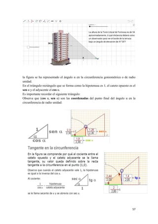 57
la figura se ha representado el ángulo α en la circunferencia goniométrica o de radio
unidad.
En el triángulo rectángulo que se forma como la hipotenusa es 1, el cateto opuesto es el
sen α y el adyacente el cos α.
Es importante recordar el siguiente triángulo:
Observa que (cos α, sen α) son las coordenadas del punto final del ángulo α en la
circunferencia de radio unidad.
 