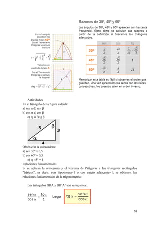 58
Actividades
En el triángulo de la figura calcula:
a) sen α d) sen β
b) cos α e) cos β
c) tg α f) tg β
Obtén con la calculadora:
a) sen 30º = 0,5
b) cos 60º = 0,5
c) tg 45º = 1
Relaciones fundamentales
Si se aplican la semejanza y el teorema de Pitágoras a los triángulos rectángulos
"básicos", es decir, con hipotenusa=1 o con cateto adyacente=1, se obtienen las
relaciones fundamentales de la trigonometría:
Los triángulos OBA y OB’A’ son semejantes:
 