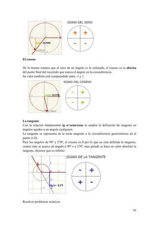61
El coseno
De la misma manera que el seno de un ángulo es la ordenada, el coseno es la abscisa
del punto final del recorrido que marca el ángulo en la circunferencia.
Su valor también está comprendido entre -1 y 1.
La tangente
Con la relación fundamental tg α=senα/cosα se amplia la definición de tangente en
ángulos agudos a un ángulo cualquiera.
La tangente se representa en la recta tangente a la circunferencia goniométrica en el
punto (1,0).
Para los ángulos de 90º y 270º, el coseno es 0 por lo que no está definida la tangente;
cuanto más se acerca un ángulo a 90º o a 270º, mas grande se hace en valor absoluto la
tangente, diremos que es infinito
Resolver problemas métricos
 