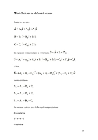 73
Método Algebraico para la Suma de vectores
Dados tres vectores
La expresión correspondiente al vector suma es:
o bien
siendo, por tanto,
La suma de vectores goza de las siguientes propiedades:
Conmutativa
a + b = b + a
Asociativa
 